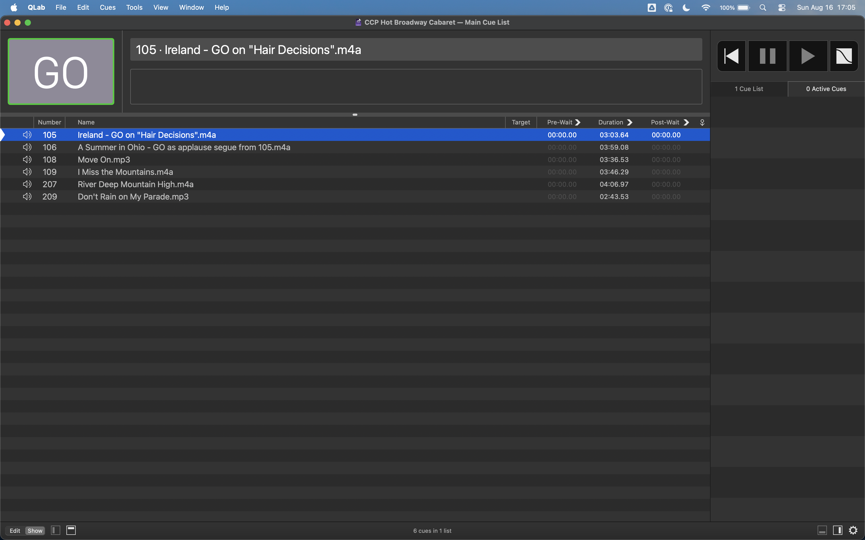 A QLab file set up for the cabaret.