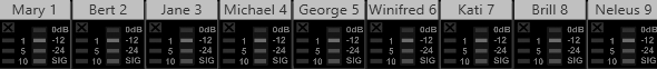 A snapshot of a Soundcraft SI Impact's electronic scribble strip, showing actors assigned to each mic channel