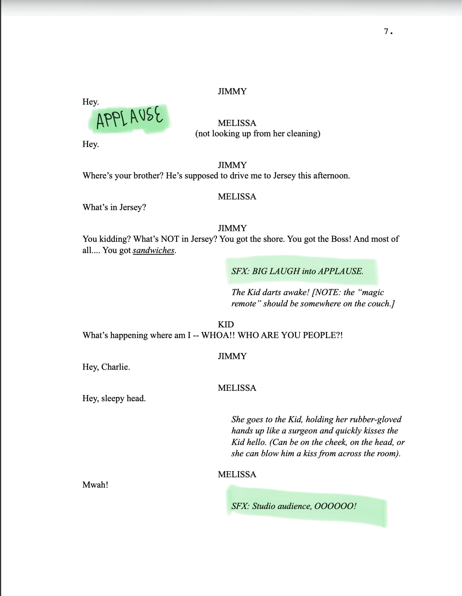 A script for Make 'Em Laugh, which has various sound cues highlighted.